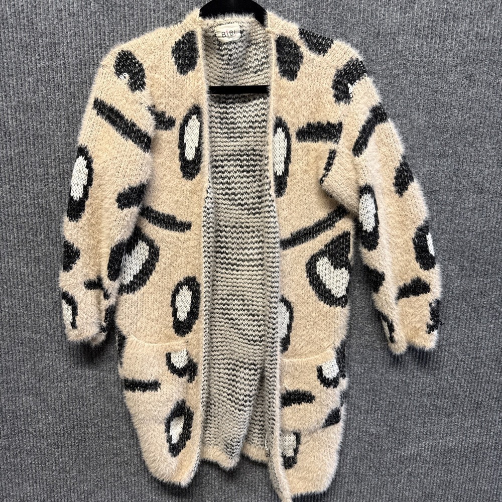 Leopard Print Cardigan Womens Small‎ Tan Black BiBi Fuzzy Soft Trendy Y2K Animal